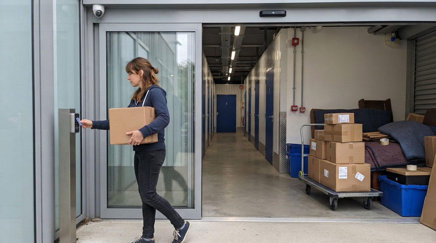 Panneau de contrôle d'accès avec lecteur de badge RFID, clavier numérique et caméra dôme de surveillance dans un centre de self-stockage