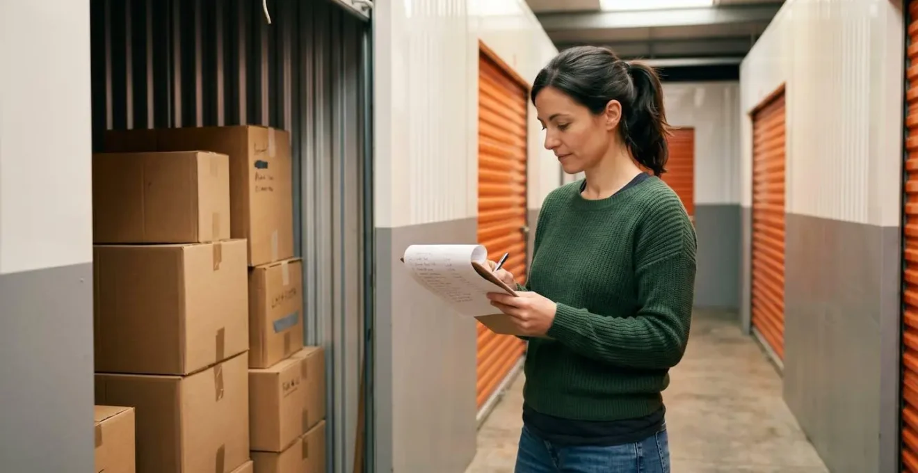 Femme d'environ 35 ans consultant une tablette dans un centre de stockage, avec des cartons empilés à côté d'elle, sous lumière naturelle
